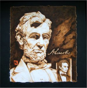 Pyrographic creations of Abraham Lincoln and the Lincoln Memorial